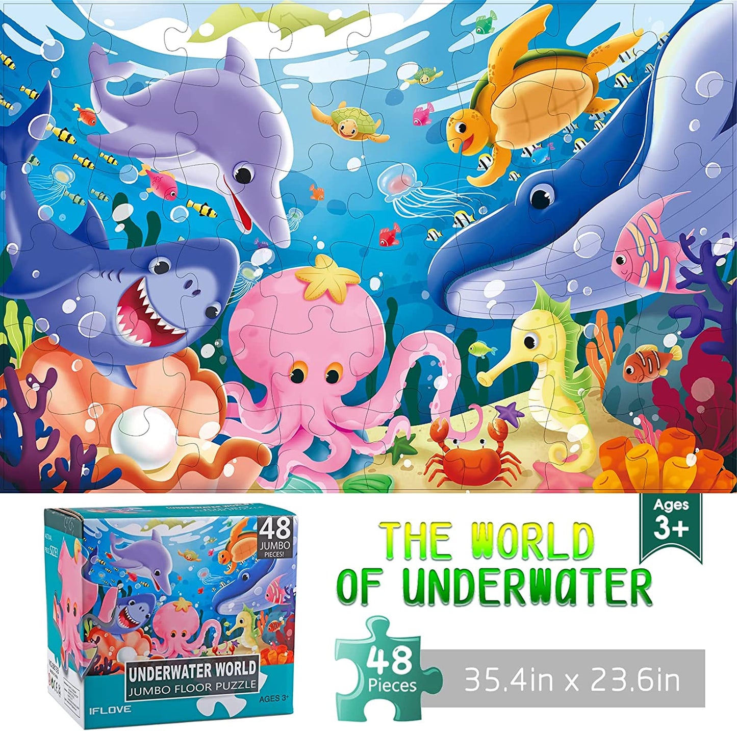 Jumbo Floor Puzzle for Kids Underwater US Map Jigsaw Large Puzzles 48 Piece Ages 3-6 for Toddler Children Learning Preschool Educational Intellectual Development Toys 4-8 Years Old Gift