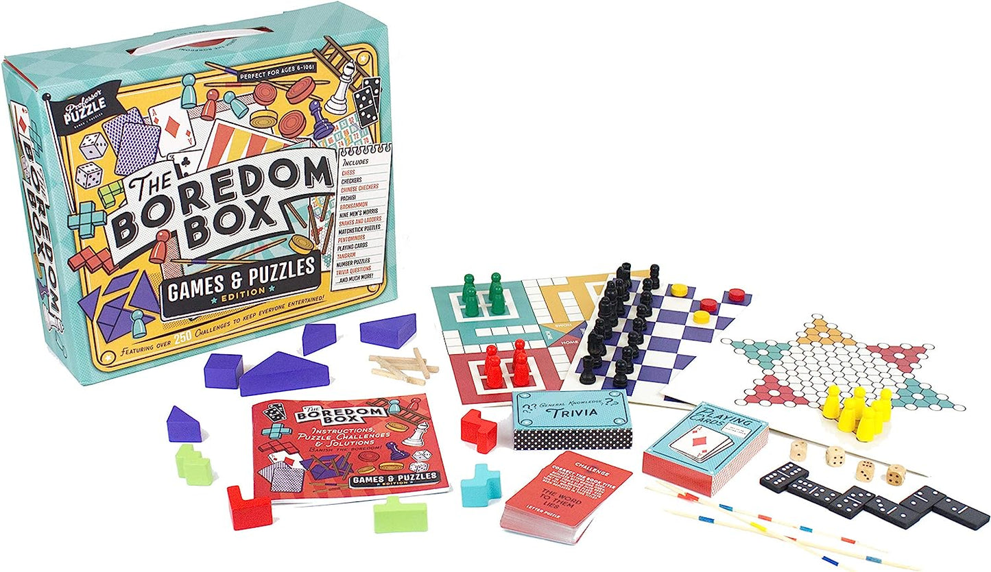 The Indoor Boredom Box - Huge Games & Puzzles Set - Over 250 Activities from Classic Board Games to lateral Thinking Puzzles