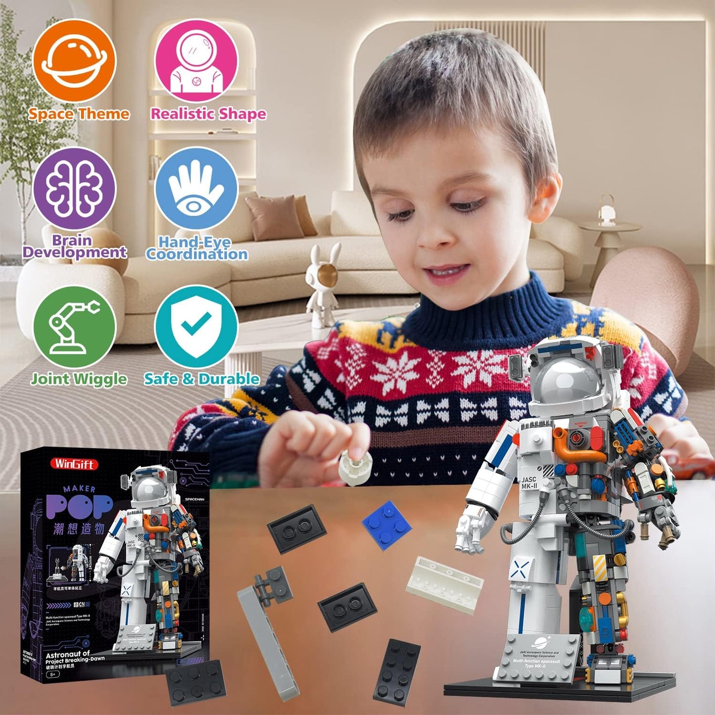 900 Piece Space Exploration Astronaut Building Set 4.7" x 4.3" x 9.65" (L x W x H) Space Educational Toy with Display Stand,Space Series Creative Building Set for Adults,Great Gift for Kids 8+