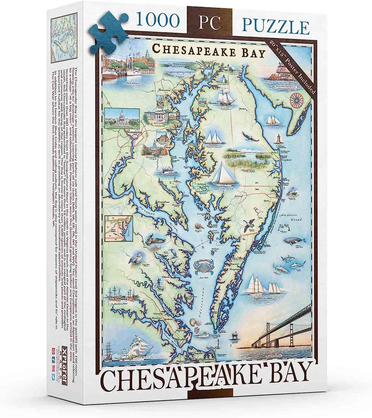 Chesapeake Bay Map Cardboard Jigsaw Puzzle - 1000 Pieces, Hand-Illustrated - Educational, Family Activity, Ages 7+, Includes Poster - 25.4 x 19.8