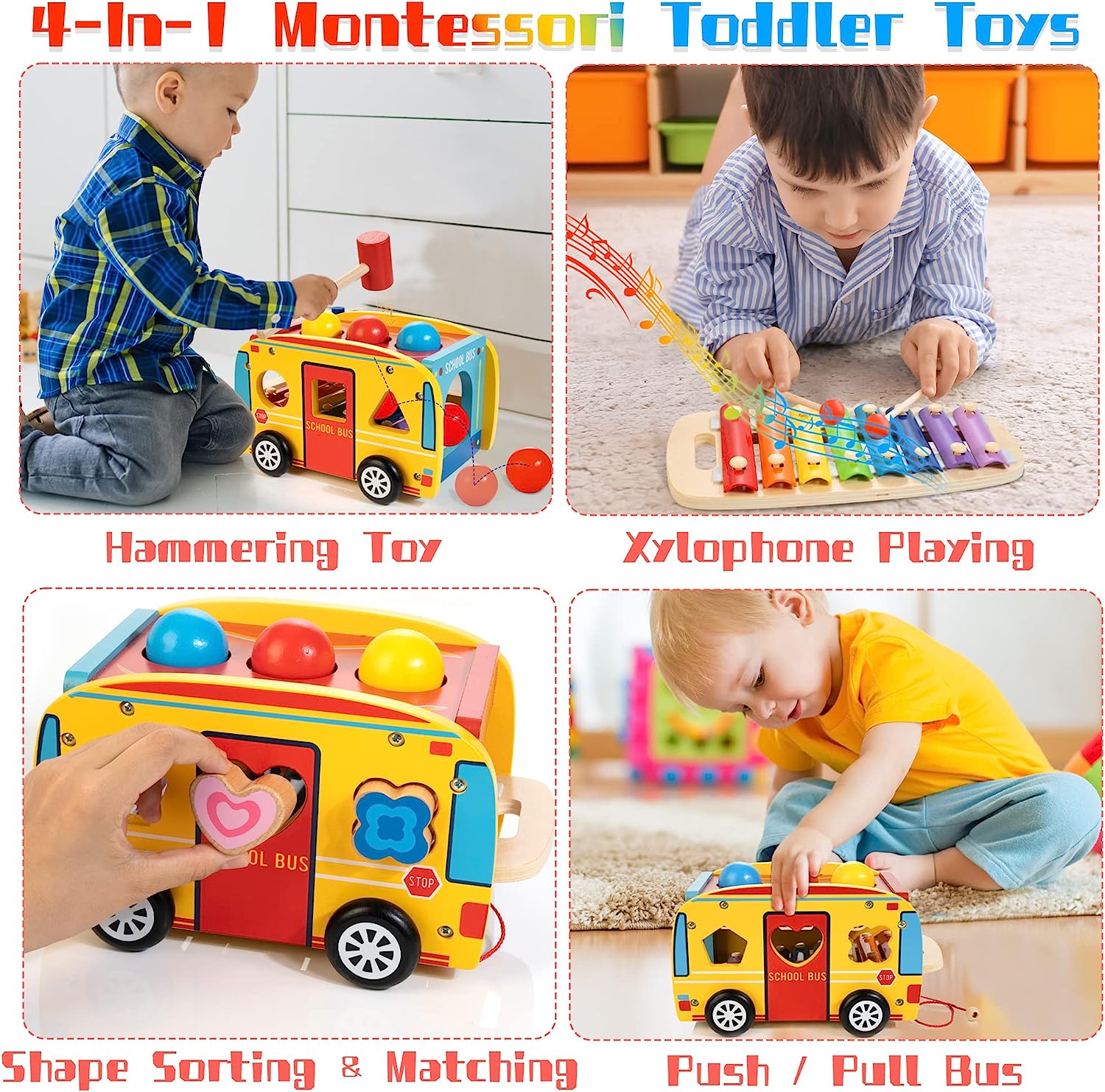Wooden Pounding Toy - 4 in 1 Wooden Play Set with Pound and Tap Bench, Xylophone, Shape Sorter Car, Push School Bus - Developmental Toys for Toddlers, 1 Year Old Birthday Gift