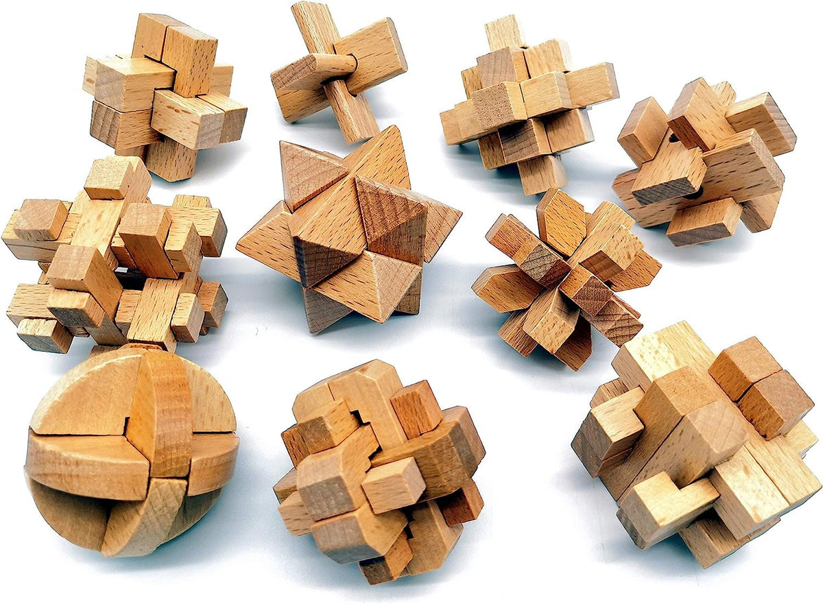 10-in-One 3D Small Wooden Puzzles Kongming Lock IQ Test Toy for Teens and Adults