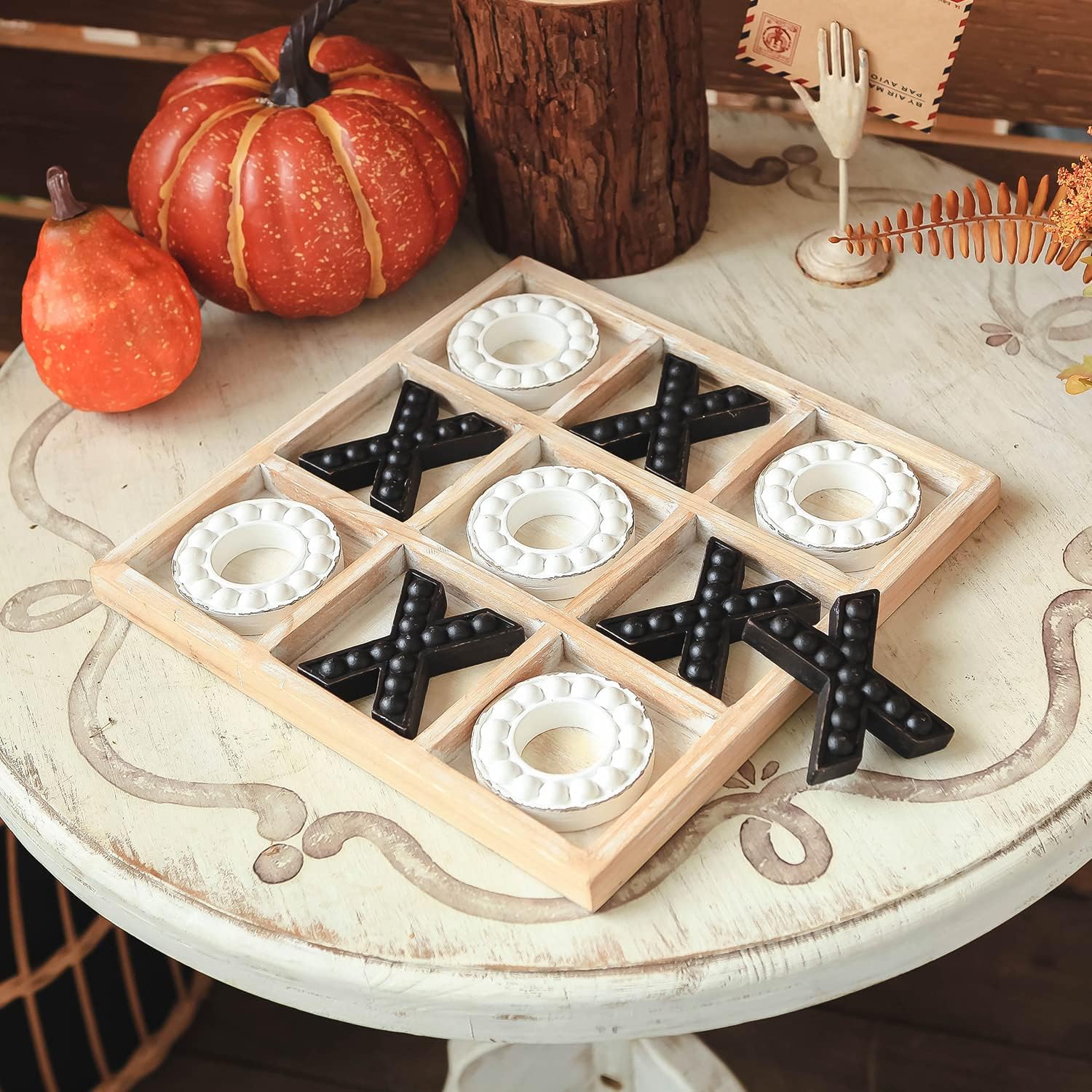 Tic Tac Toe Wood Board Game for Kids Family, 10.6 Inch Rustic Wooden Coffee Table Decor, Black & White