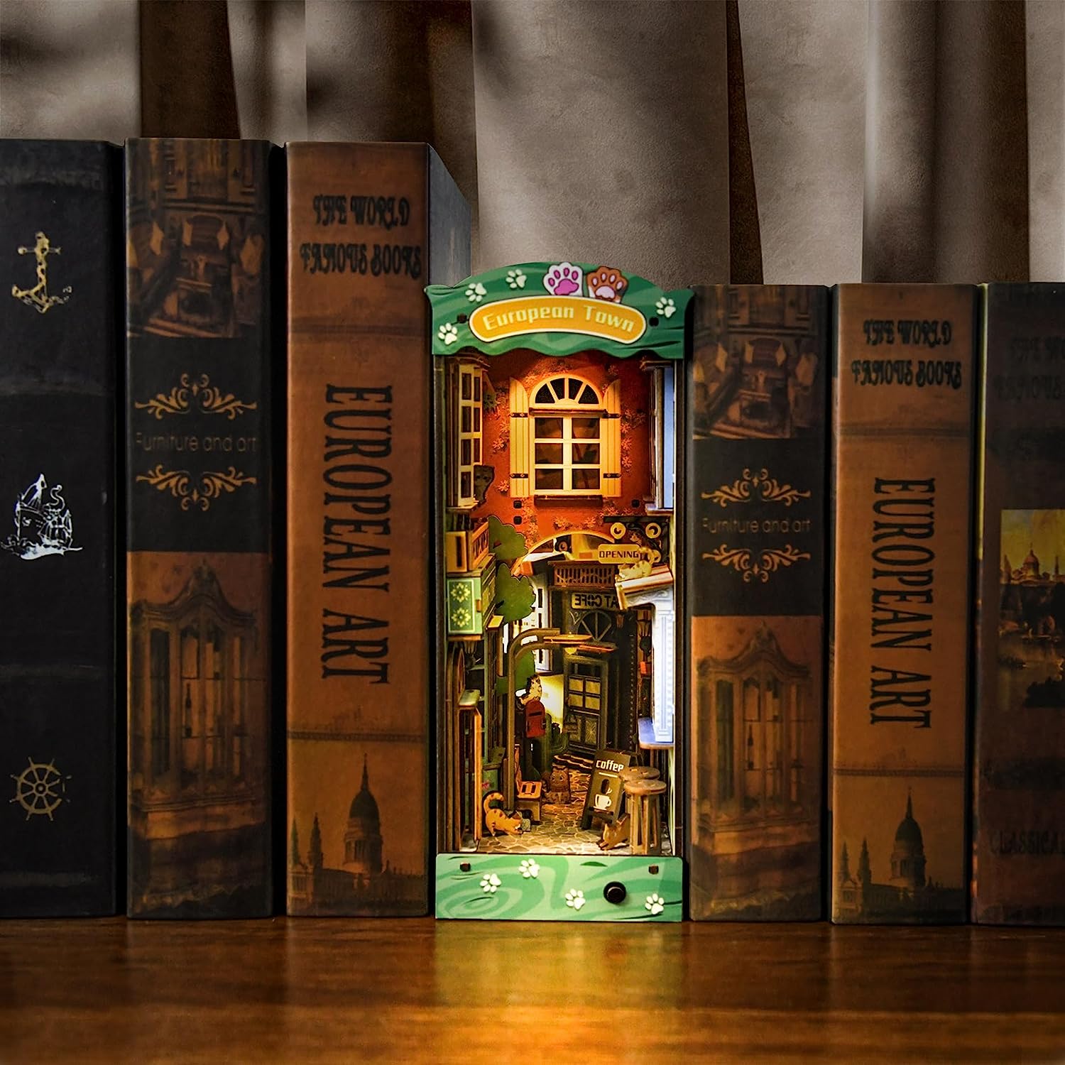 DIY Book Nook Kit 3D Wooden Puzzle, DIY BookNook Bookshelf Insert Decor with LED Model Building Kits, Bookend Diorama Miniature Kit Gifts for Adults&Teens (Cat Street Gallery)