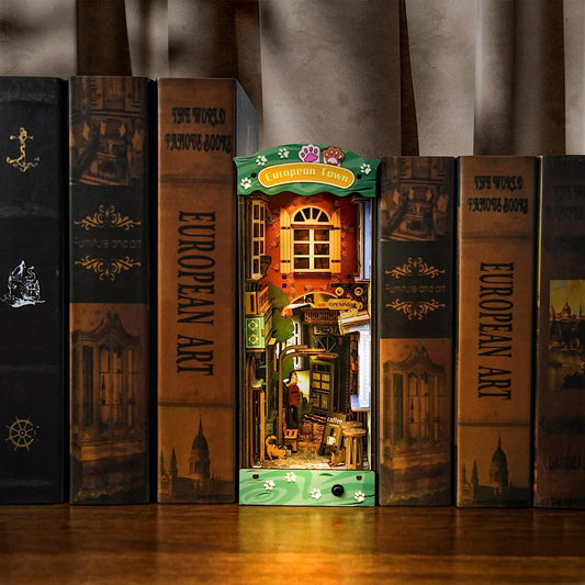 DIY Book Nook Kit 3D Wooden Puzzle, DIY BookNook Bookshelf Insert Decor with LED Model Building Kits, Bookend Diorama Miniature Kit Gifts for Adults&Teens (Cat Street Gallery)