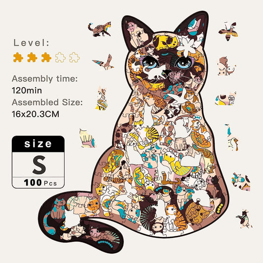 Wooden Jigsaw Puzzles - Lovely Cat(100 pcs) Gift Package for Adults and Kids, Unique Animal Shaped Jigsaws, Irregular Wood Cut Puzzle | 6.3"x8" (Small)