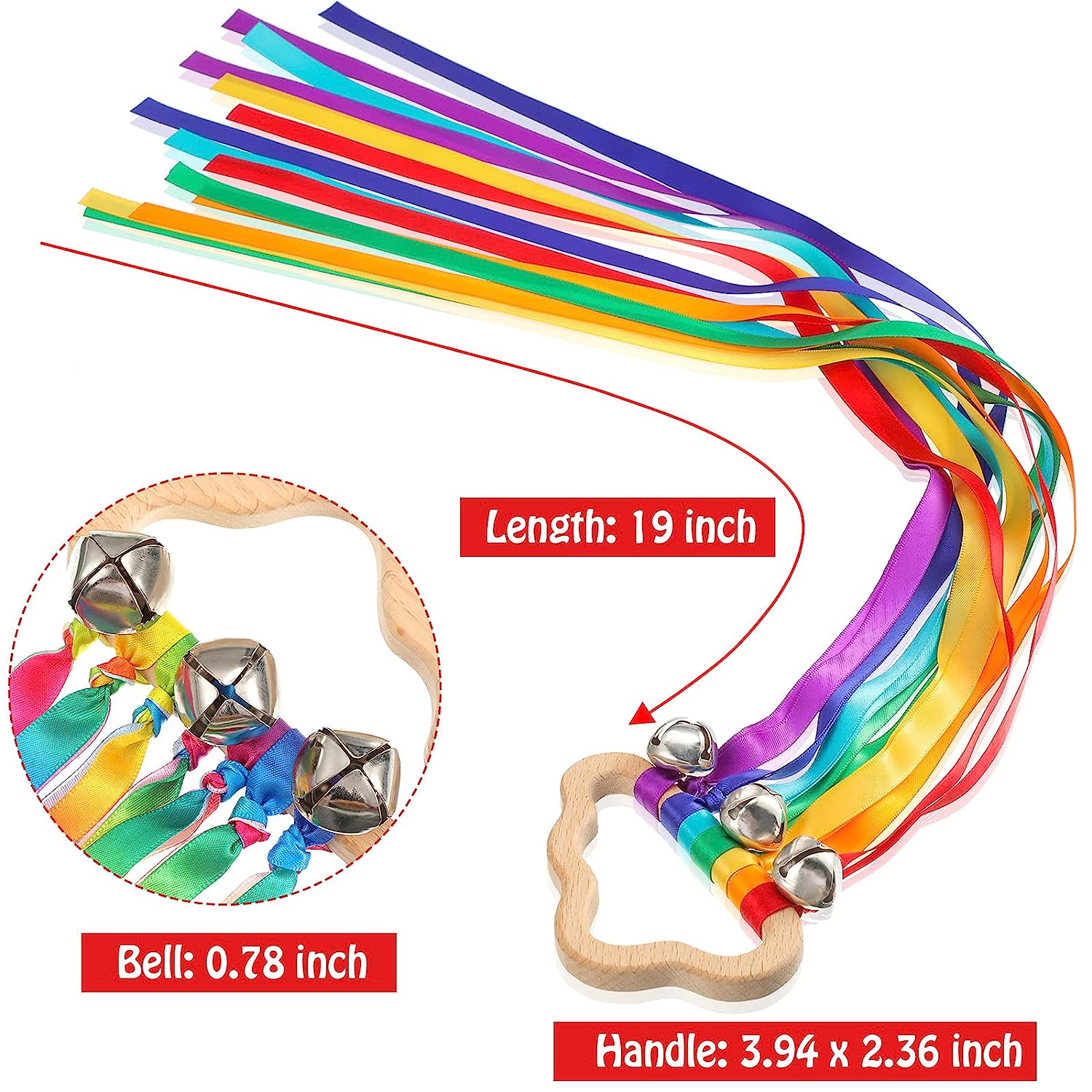 4 Pieces Rainbow Hand Ribbon Kite with Bells Wind Wand Dancing Ribbon Streamer Cloud Wood Sensory Toys Wooden Educational Toy for Party Birthday(Bright Colors)