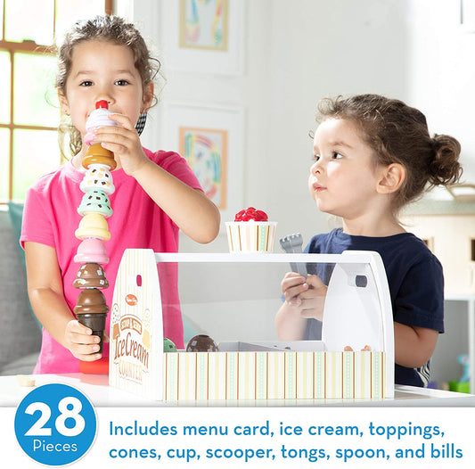 Wooden Scoop and Serve Ice Cream Counter (28 pcs) - Play Food and Accessories - Pretend Food Toys, Ice Cream Shop Toys For Kids Ages 3+