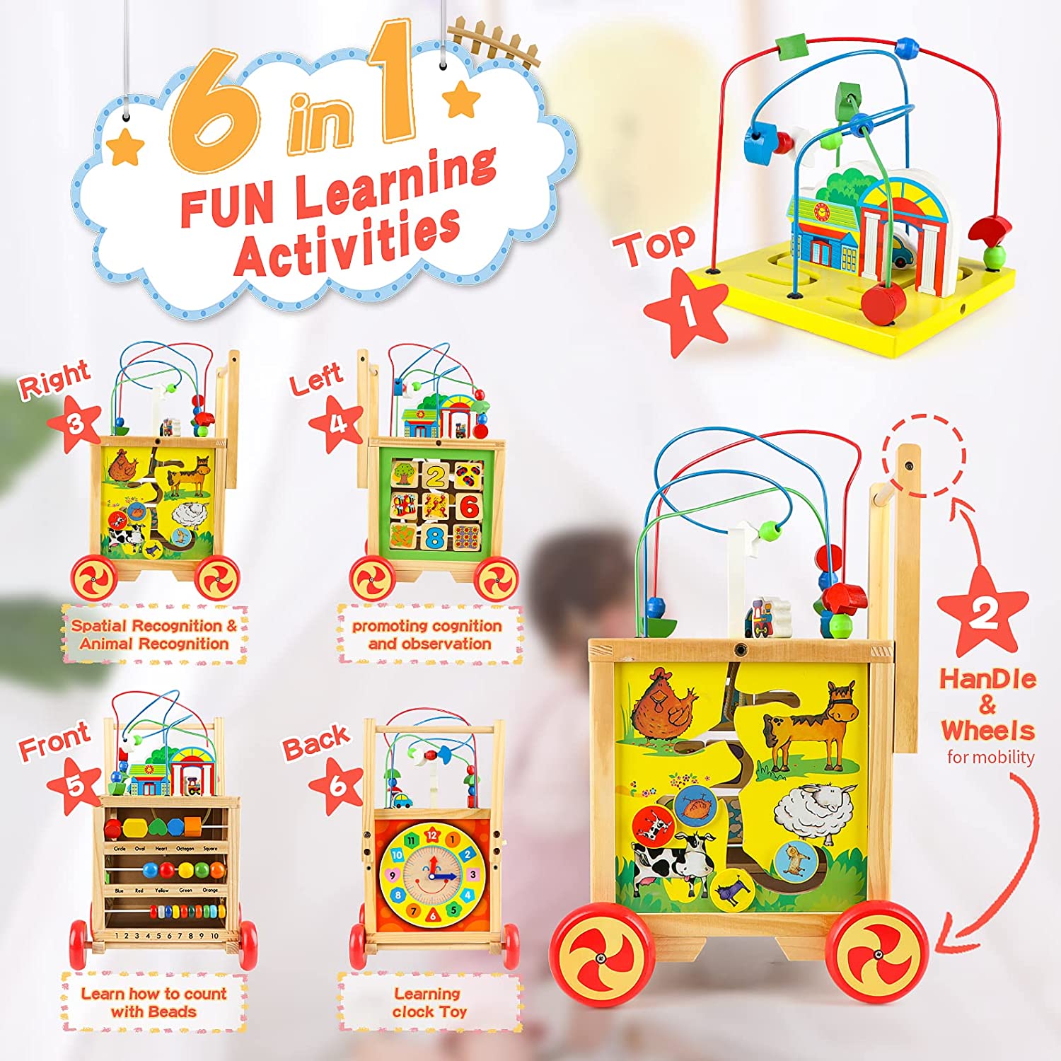 Wooden Toys for 1 2 Year Old Boys Girls Activity Cube Gift Set Developmental Learning Educational Toys for Toddlers Removable Bead Maze Shape Sorter 6 in 1 First Birthday Gifts