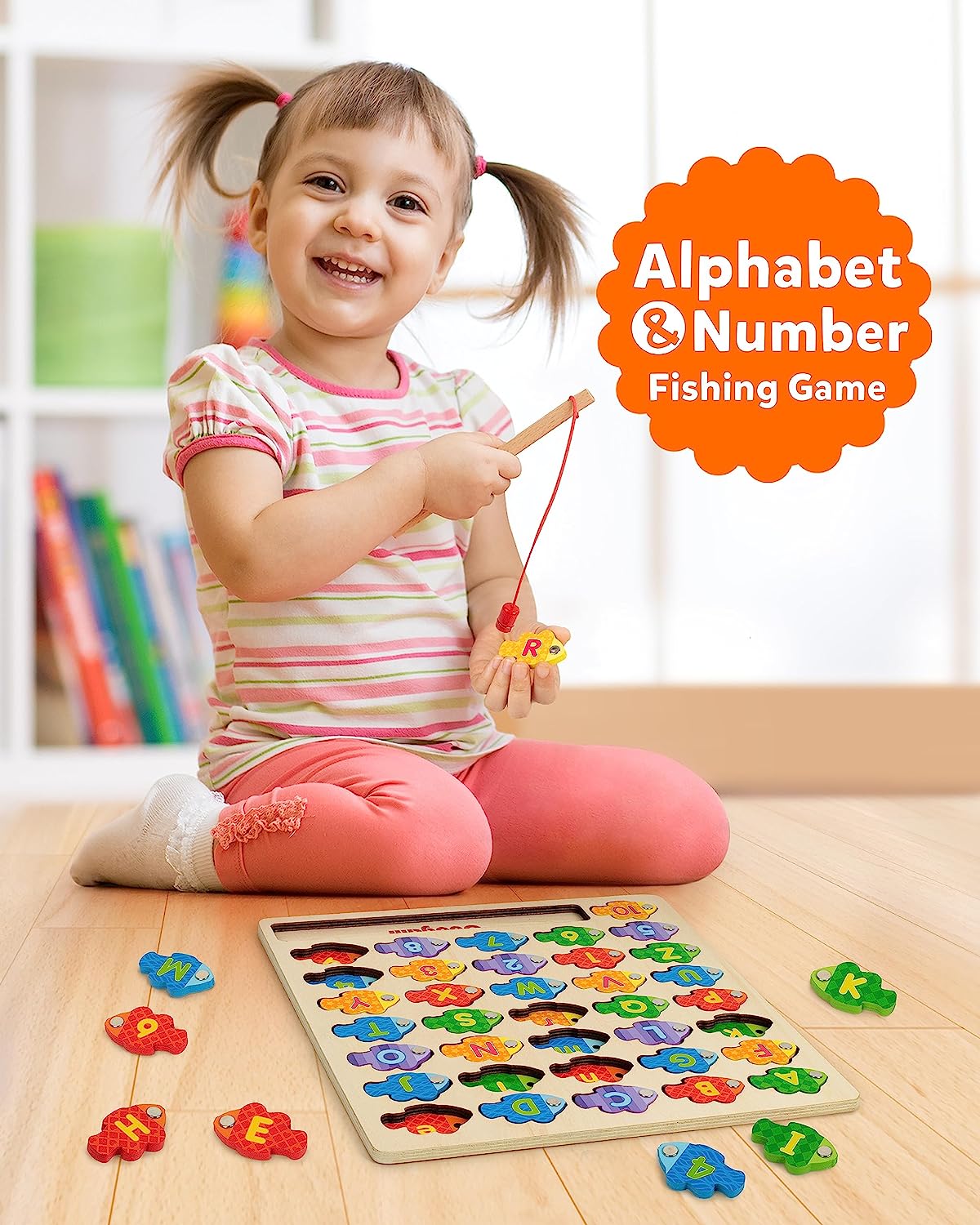 Magnetic Alphabet Numbers Fishing Game, Wooden ABC Letter Numbers Color Matching Puzzle Fine Motor Educational Toy for Preschool 3 4 5 Year Old Toddlers