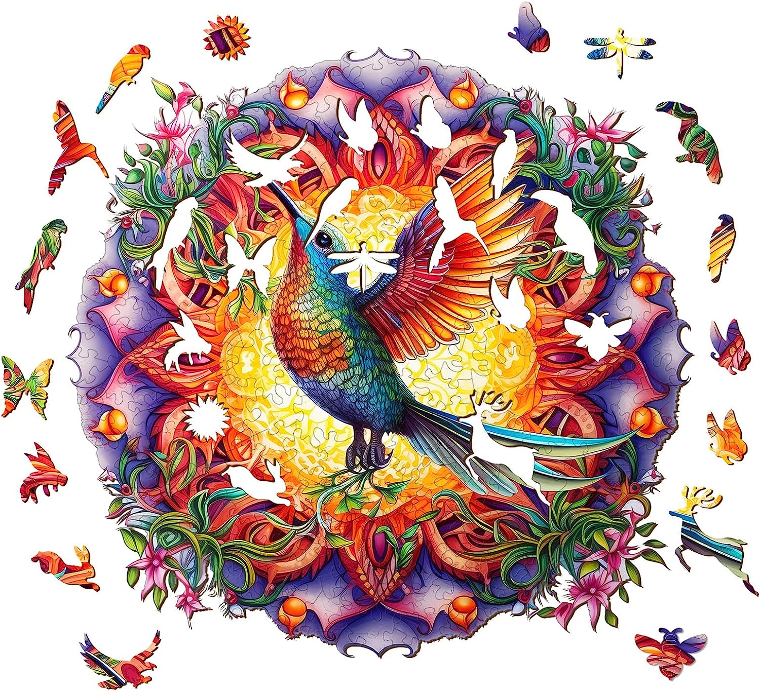 Wooden Puzzles for Adults, Mandala Hummingbird Wooden Puzzle, Unique Shape Wooden Jigsaw Puzzles for Adults, Fun Challenging Animal Puzzles Gifts Perfect Family Game-M-200PCS-11.8 * 11.8in