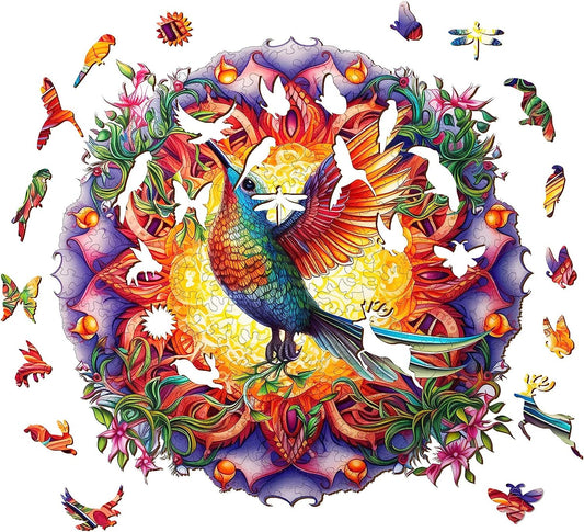 Wooden Puzzles for Adults, Mandala Hummingbird Wooden Puzzle, Unique Shape Wooden Jigsaw Puzzles for Adults, Fun Challenging Animal Puzzles Gifts Perfect Family Game-M-200PCS-11.8 * 11.8in