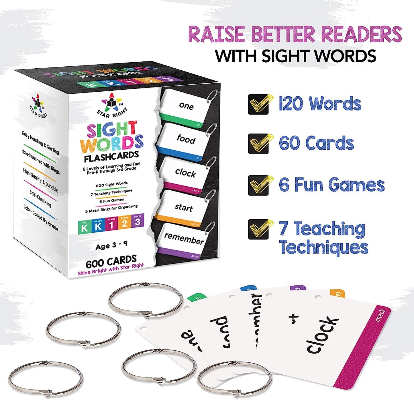 600 Sight Words Flash Cards & Flashcard Games Set - 300 Hole Punched Flash Cards - 30 Fun Flashcard Games - 5 Binder Rings - for Ages 3 & Up - Pre-K, Kindergarten, 1st, 2nd, & 3rd Grade