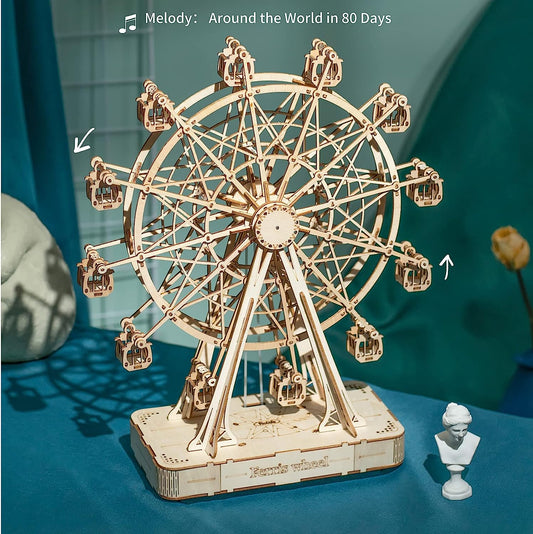 3D Wooden Puzzle Hand Crank Music Box Machinarium Toys-DIY Wood Craft Kit-Creative Gift for Boys Girls Adults Kids When Chris as/Birthday (Ferris Wheel Wood Color)