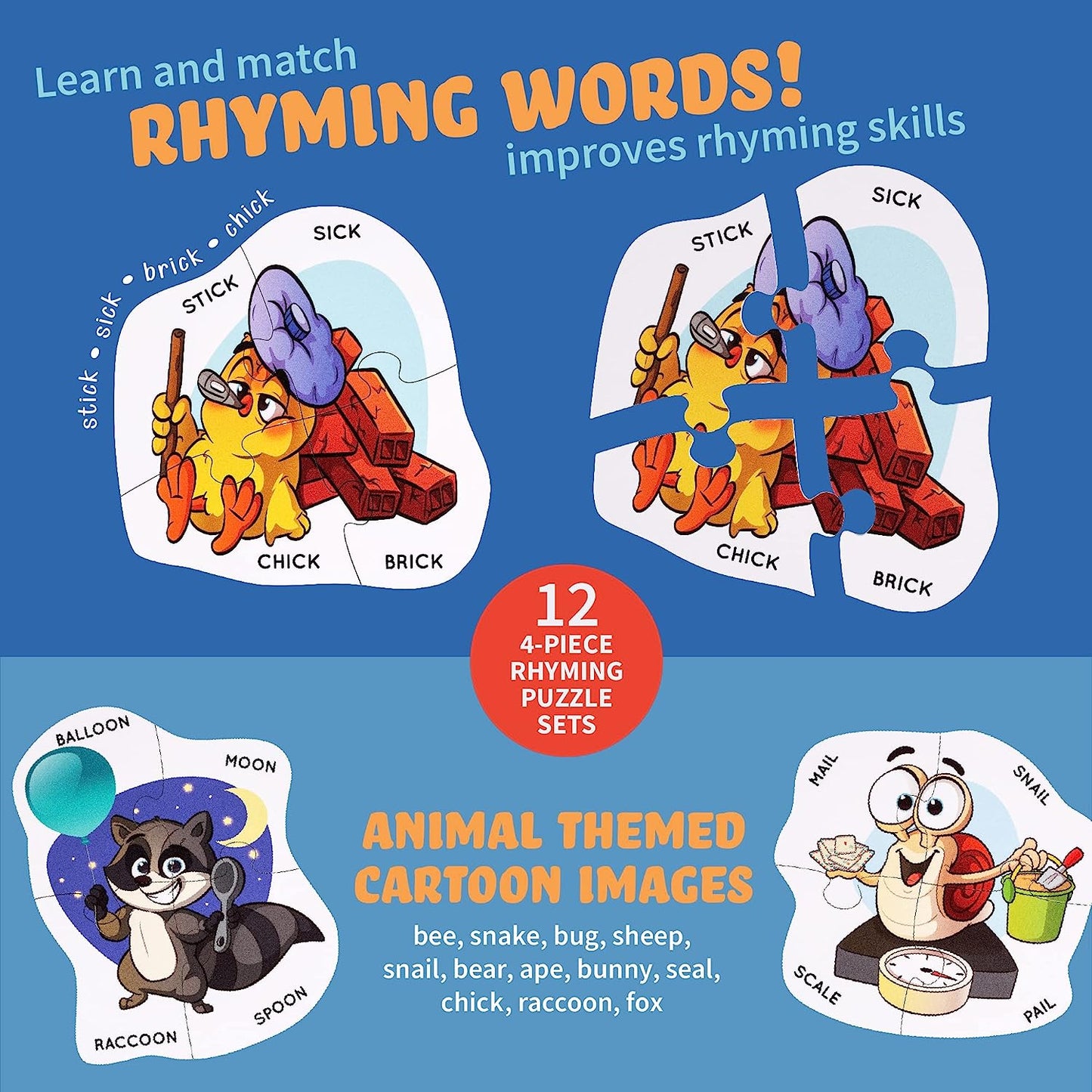 Rhyming Puzzle Matching Game, Learn to Rhyme Puzzle Animal Matching 4 Piece Puzzle Sets, Educational Preschool Games, Speech Therapy Games