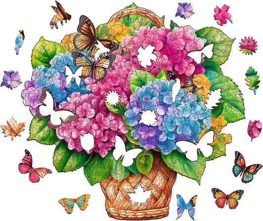 Wooden Jigsaw Puzzles, Unique Shape Wood Puzzle, Best Gift for Adults and Kids, Fun Challenging Family Game Play Collection (Medium-hydrangea-12.2 * 11.8in