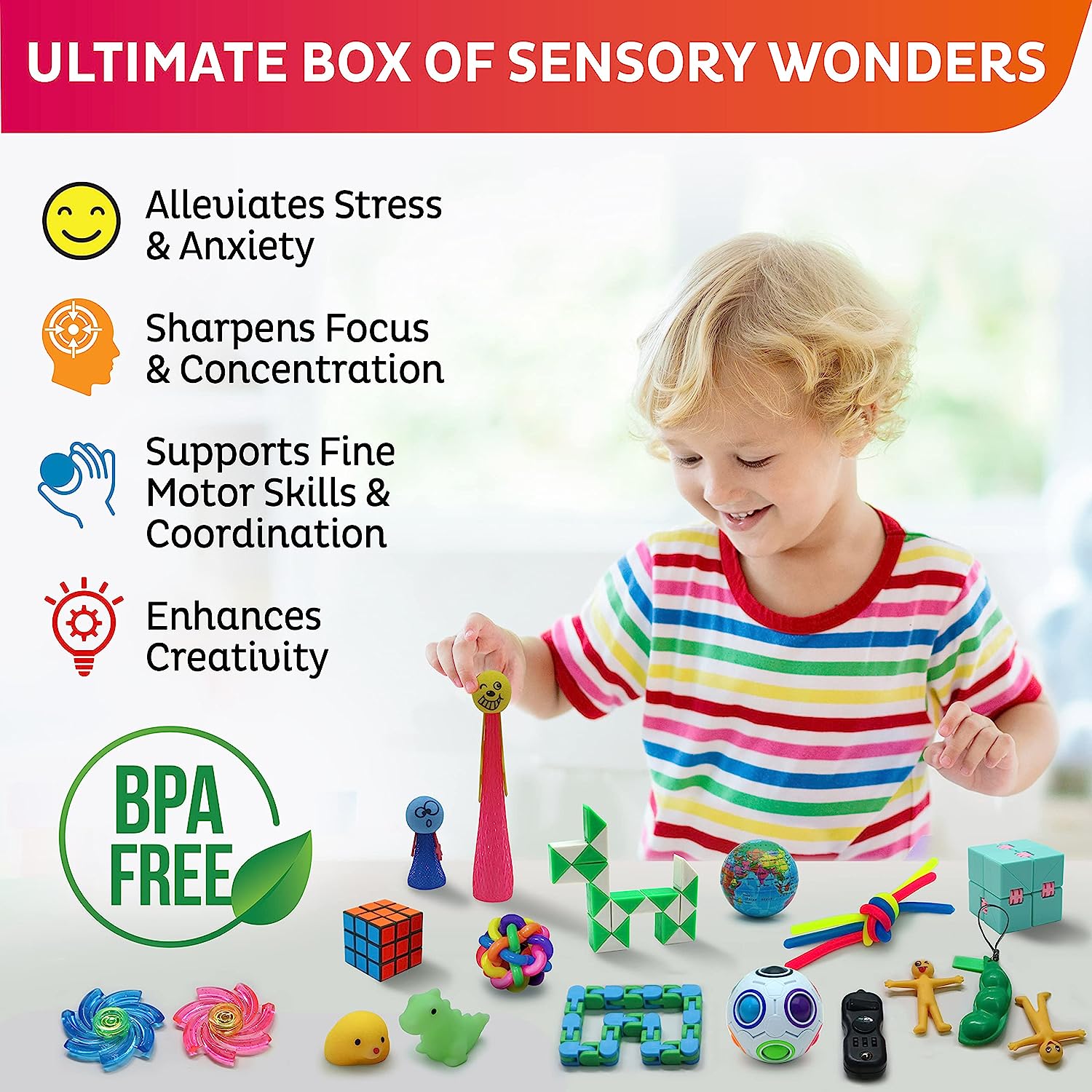 30 Pack Sensory Fidget Toy Set Stress Relief Kit Anti-Anxiety Tools Sensory Toy ADD OCD Autistic Children & Adults Stress Balls Fidget Spinner Infinity Cube Puzzle Snake Multi (SK-30)
