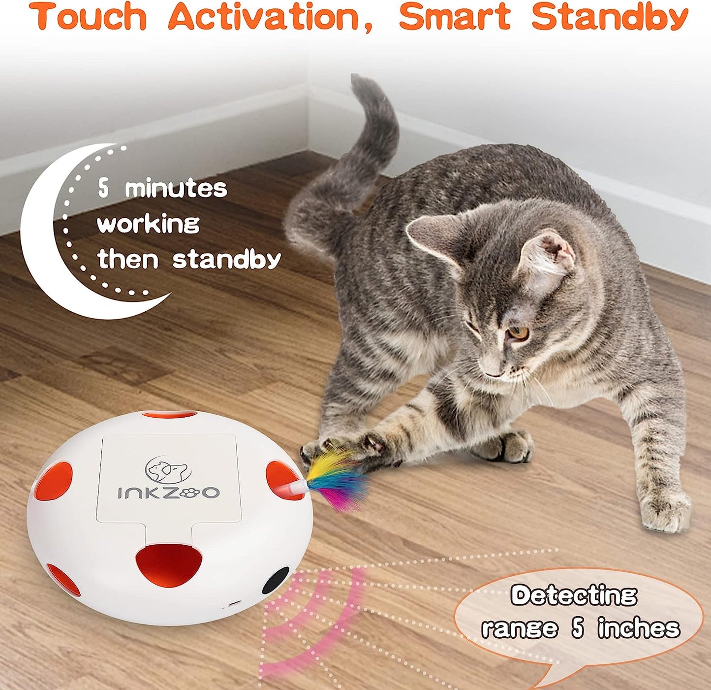 Cat Toys, Interactive Cat Toys for Indoor Cats, Ultra Fun Smart Interactive Kitten Toy, Automatic 7 Holes Mice Whack-A-Mole， USB Rechargeable, 4 Pieces Feather Refills (White)