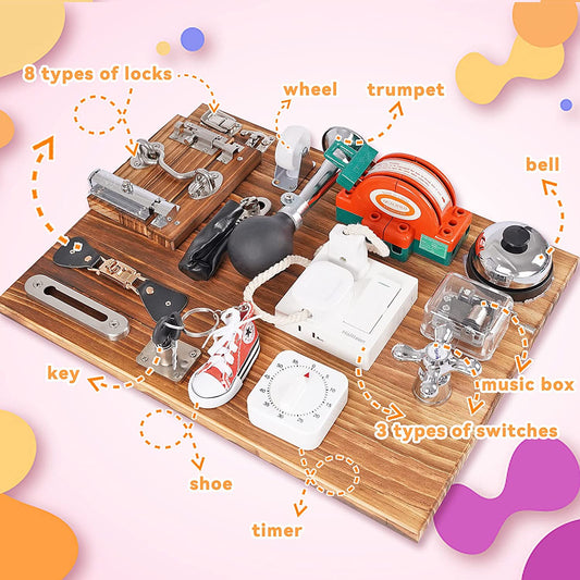 Busy Board for Toddlers Wooden Toys,Travel Toy Sensory Board Activity Board for Fine Motor Skills, Educational Learning Toy for 3 Year Old Boys & Girls with Locks,Latches,Keys, Music Board