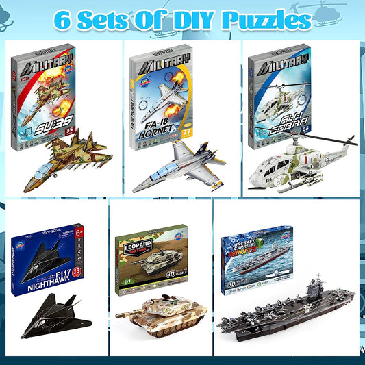 3D Puzzle with Aircraft Carrier Helicopter Tank Plane Puzzle Toys,6 Piece Set Amry Toys Military Toys Puzzles Assembly Building Model Kits, STEM DIY Puzzle for Boys Girls Kids