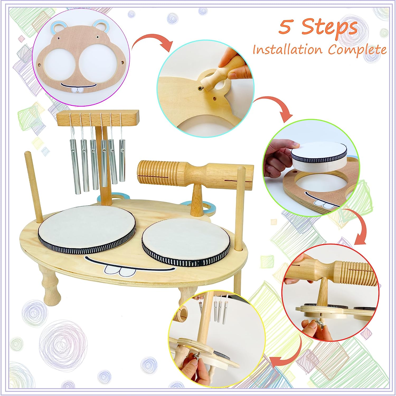 Drum Set for Toddlers Toys Musical Toys for Toddlers Kids Musical Instruments Sensory Toys Baby Drum Natural Wooden Baby Toy(Hippo Shape)