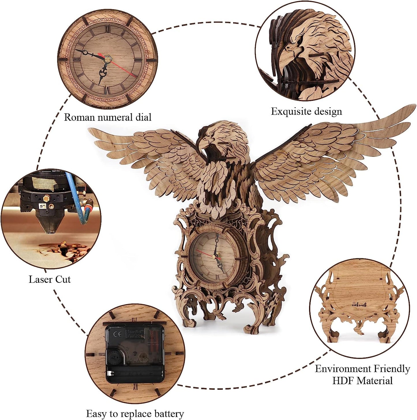 3D Wooden Puzzles Eagle Clock Wooden Mechanical Model Kits for Adults Kids Gift