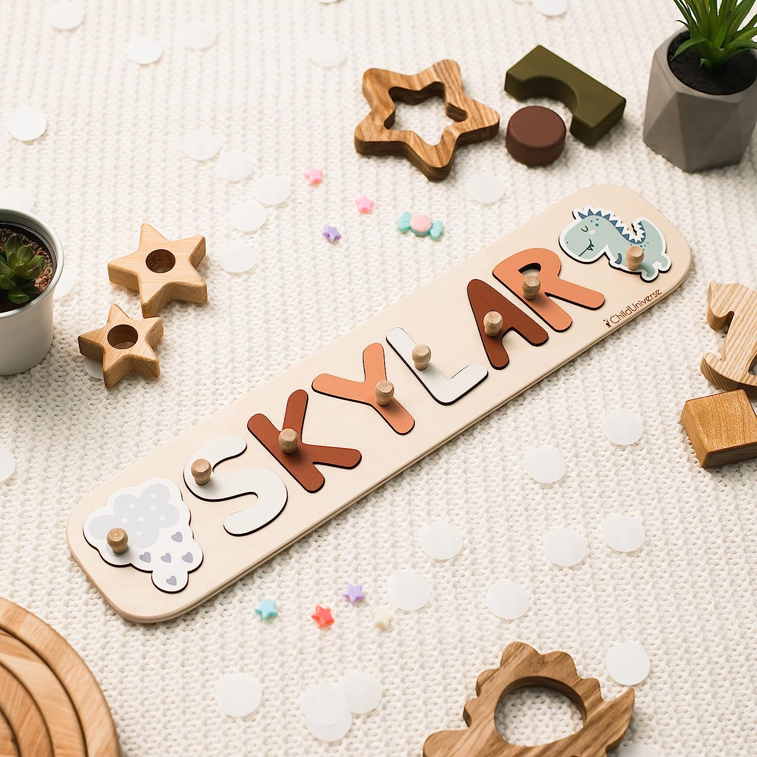 Baby Personalized Wood Name Puzzle With Custom Design - Toddler Name Puzzle For Girls & Boys - Toys Nursery Décor - Name Sign 1st Birthday Gift for Baby (Rainbow, Custom)