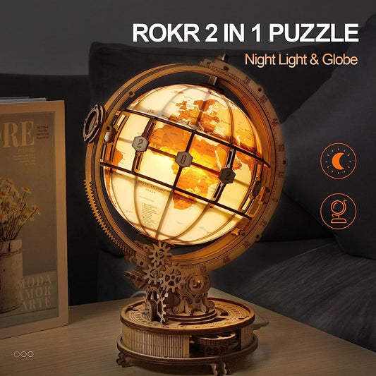 3D Wooden Puzzles Globe Model Kit for Adults to Build 3D Puzzles Night Light Desk Display Toy Unique Gift for Birthday/Anniversay