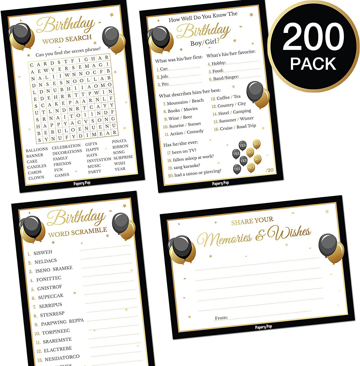 Birthday Party Games - Set of 4 Activities for 50 Guests - Pack of 200 Cards - Birthday Party Supplies for Adults
