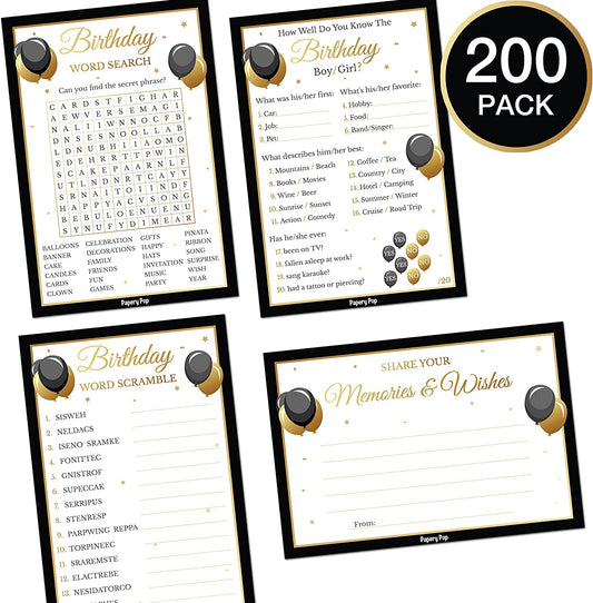 Birthday Party Games - Set of 4 Activities for 50 Guests - Pack of 200 Cards - Birthday Party Supplies for Adults