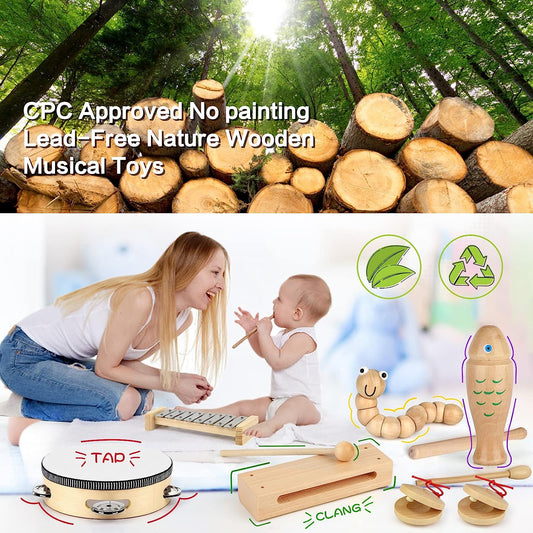 Kids Musical Instruments, 23 Packs Toddlers 100% Natural Wooden Music Percussion Toy Sets for Childrens Preschool Educational Early Learning, Musical Toys for Age 3 to 10 Toddlers with Bags