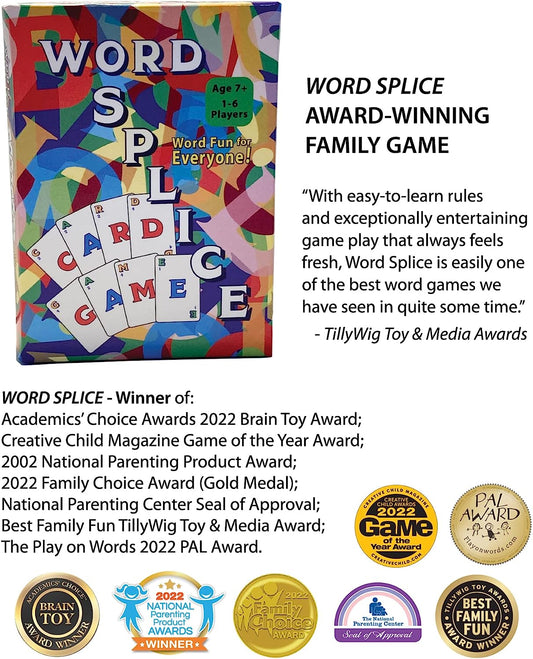 WORD SPLICE – Award Winning Word Forming Card Game for Families and Kids Age 7 and up, 1 to 6 Players, Multiplayer and Solitaire Rules, Easy to Learn, Fast Fun to Play - Educational Fun for Everyone