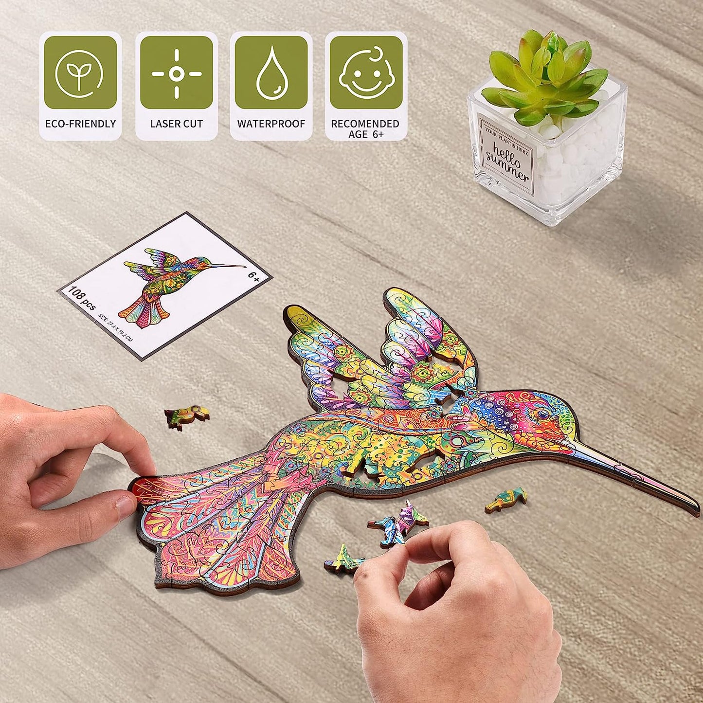 Hummingbird Wooden Puzzle for Adults, 108 PCS Animal Unique Shaped Wooden Jigsaw Puzzles - 7.55 x 10.78 Inches, Creative Gift for Teenagers and Adults