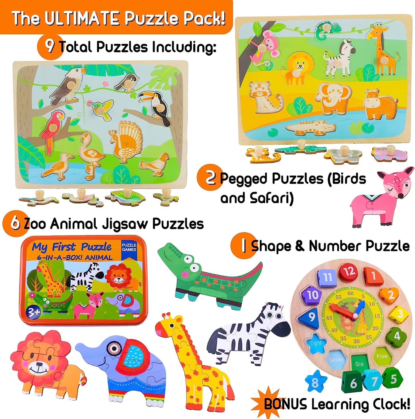 Ultimate Toddler Puzzles Gift Pack | Toys for 1 Year Old and Up | Toddler Learning Toys and Wooden Puzzles for Toddlers 1-3 | Educational Toys for 2 Year Old Learning Clock