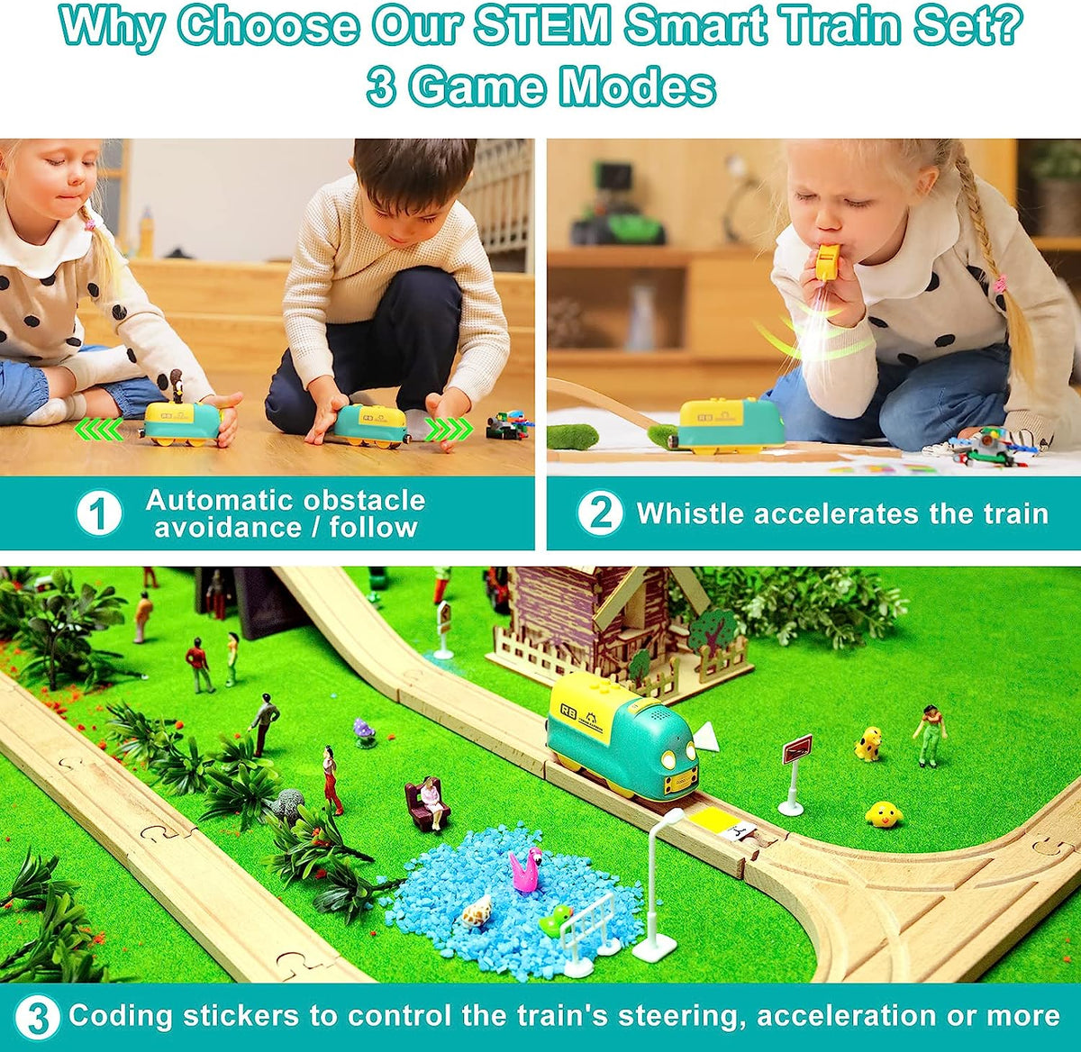 Coding Train Set, 22 Functions Lights & Music, 3 Modes, Compatible to Major Wooden Train Tracks and Building Blocks, Great Gifts of STEM Toys for Children Aged 3-7