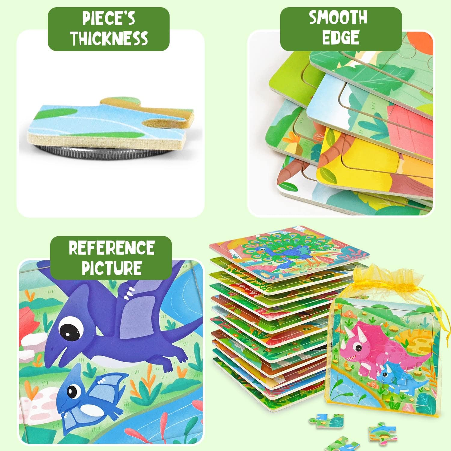 Bulk Dinosaur Puzzles for Kids Ages 4-8 Years Old, Preschool Wooden Jigsaw Puzzles for Toddlers Travel, Party Favors, and Class Prizes (Dinosaurs+Birds)