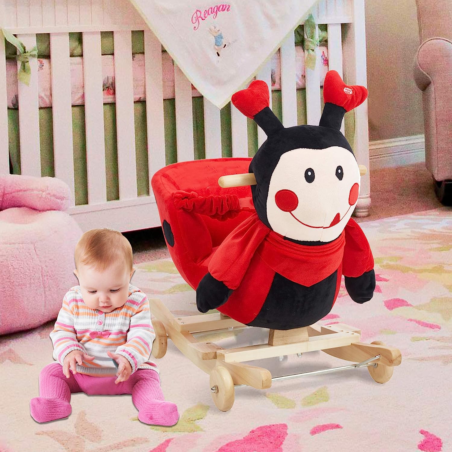 Baby Kids Rocking Horse Toy Child Wooden Plush Rocking Horse Chair Rocker/Ladybug Animal Ride on, with Wheels/Music/Seat Belt