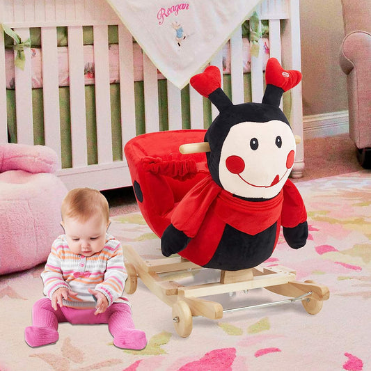 Baby Kids Rocking Horse Toy Child Wooden Plush Rocking Horse Chair Rocker/Ladybug Animal Ride on, with Wheels/Music/Seat Belt