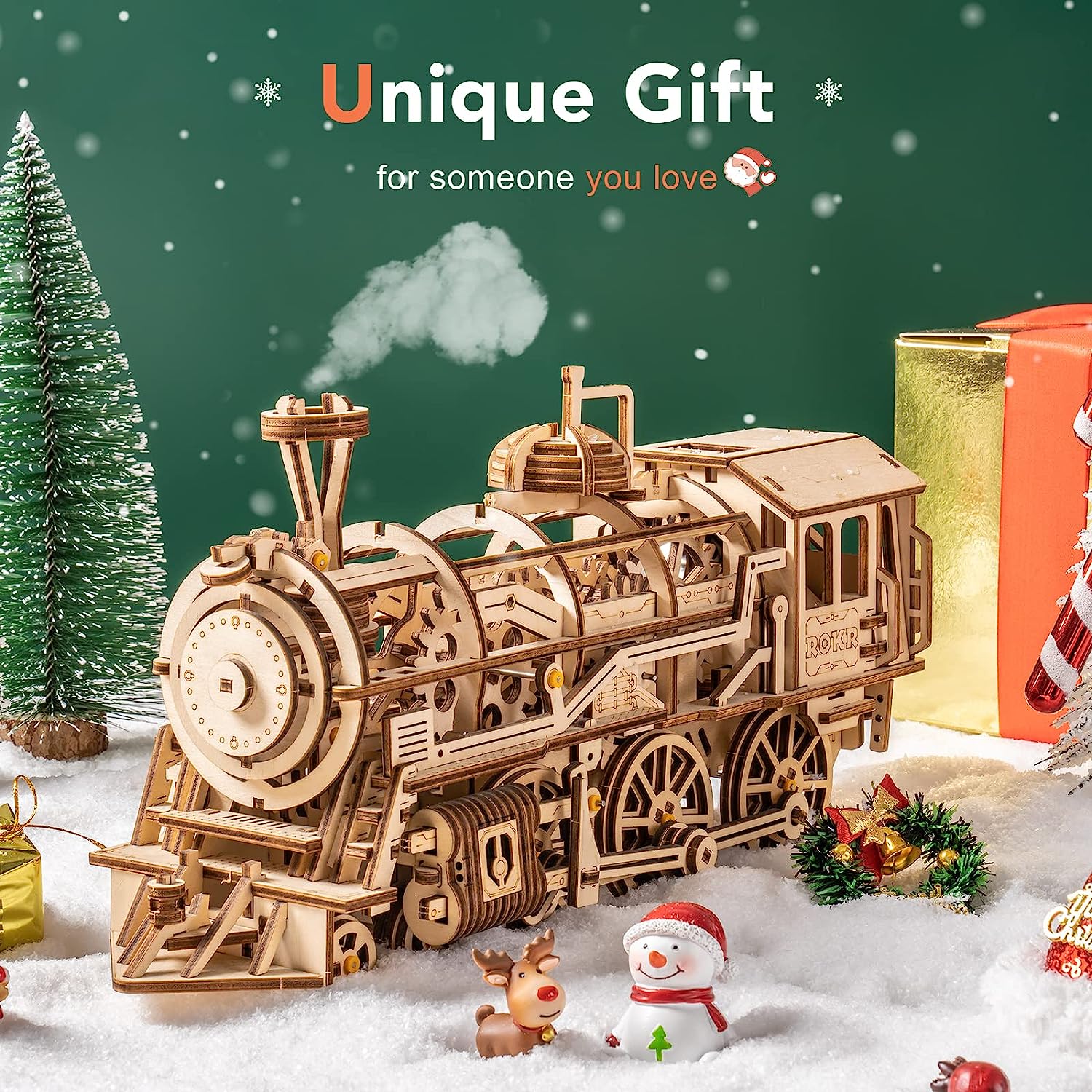 3D Wooden Puzzles for Adults Train Model - Self-Assembly Mechanical Model Kit -Brain Teaser Game for Teens and Adults-Hand Craft Set-Unique Chris as/Birthday Gift (Locomotive)