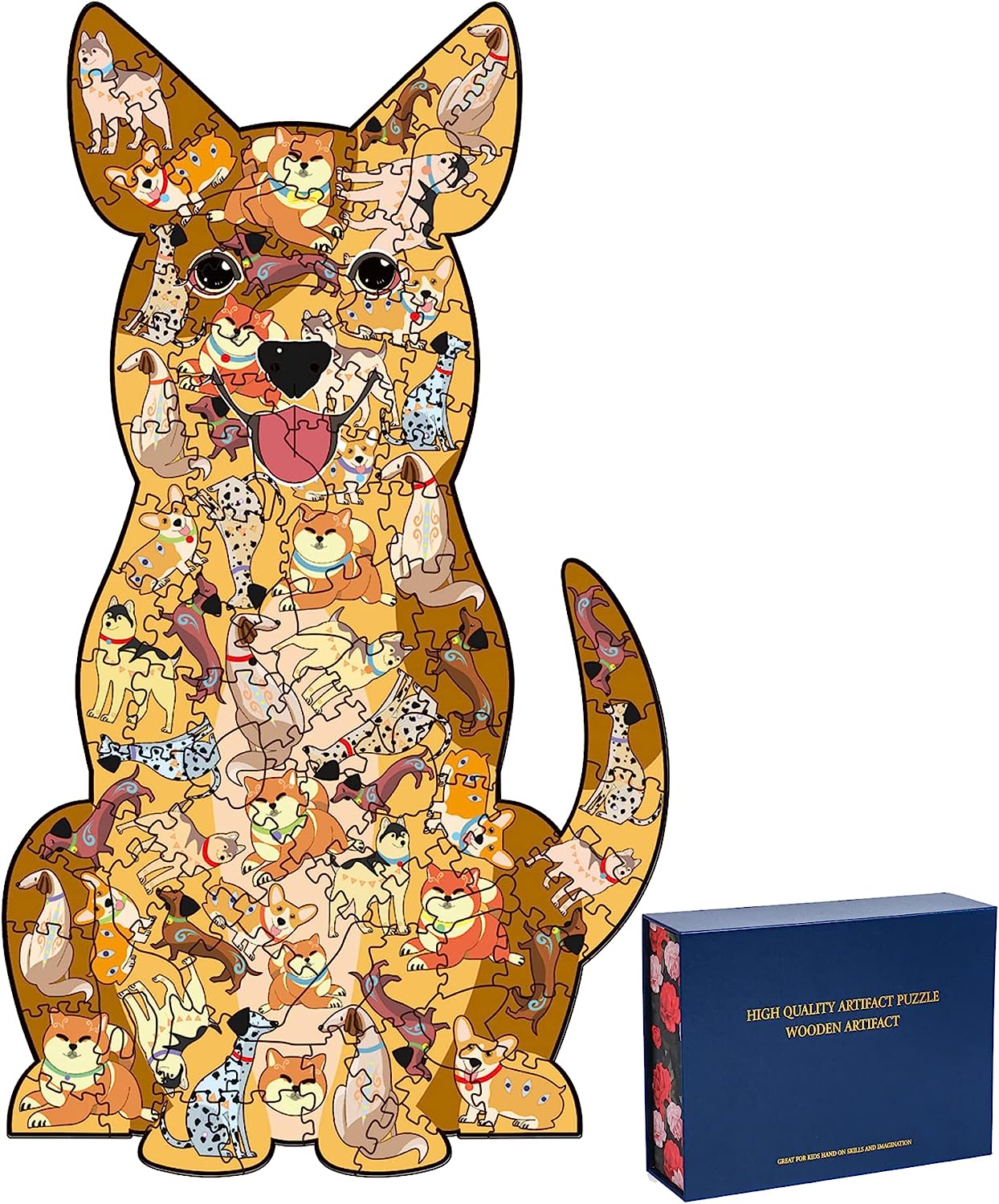 Wooden Jigsaw Puzzles - Comic Dog(100 pcs) Gift Package for Adults and Kids, Unique Animal Shaped Jigsaws, Irregular Wood Cut Puzzle | 6.3"x11" (Small)