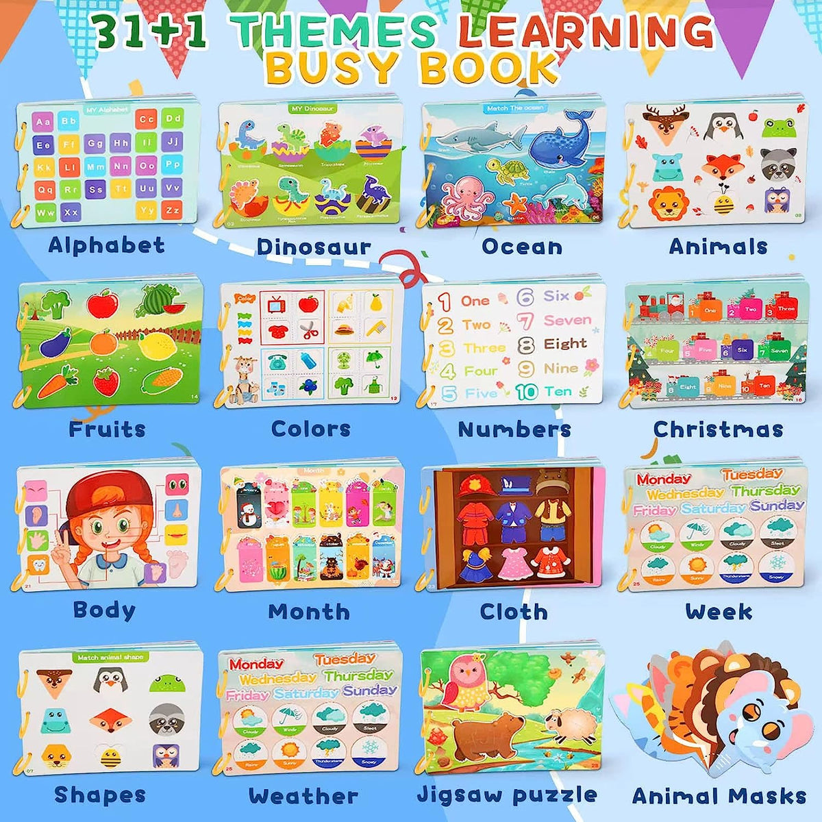 Busy Book for Toddlers, 32 Themes Preschool Learning Activities Toys for Kids Ages 1 2 3 4, Sensory Educational Board Learning Tools Including ABC,Number, Colors and Shapes Tracing