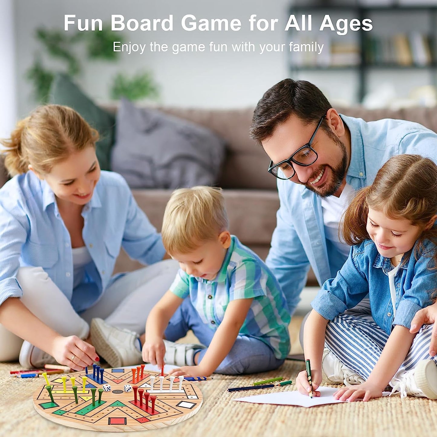 Fast Track Board Game, Peg Game Wooden Board with 24 Colored Pegs & 2 Dices, Fast Track Game for 6 Players, Family Friends Game for Teens Adults