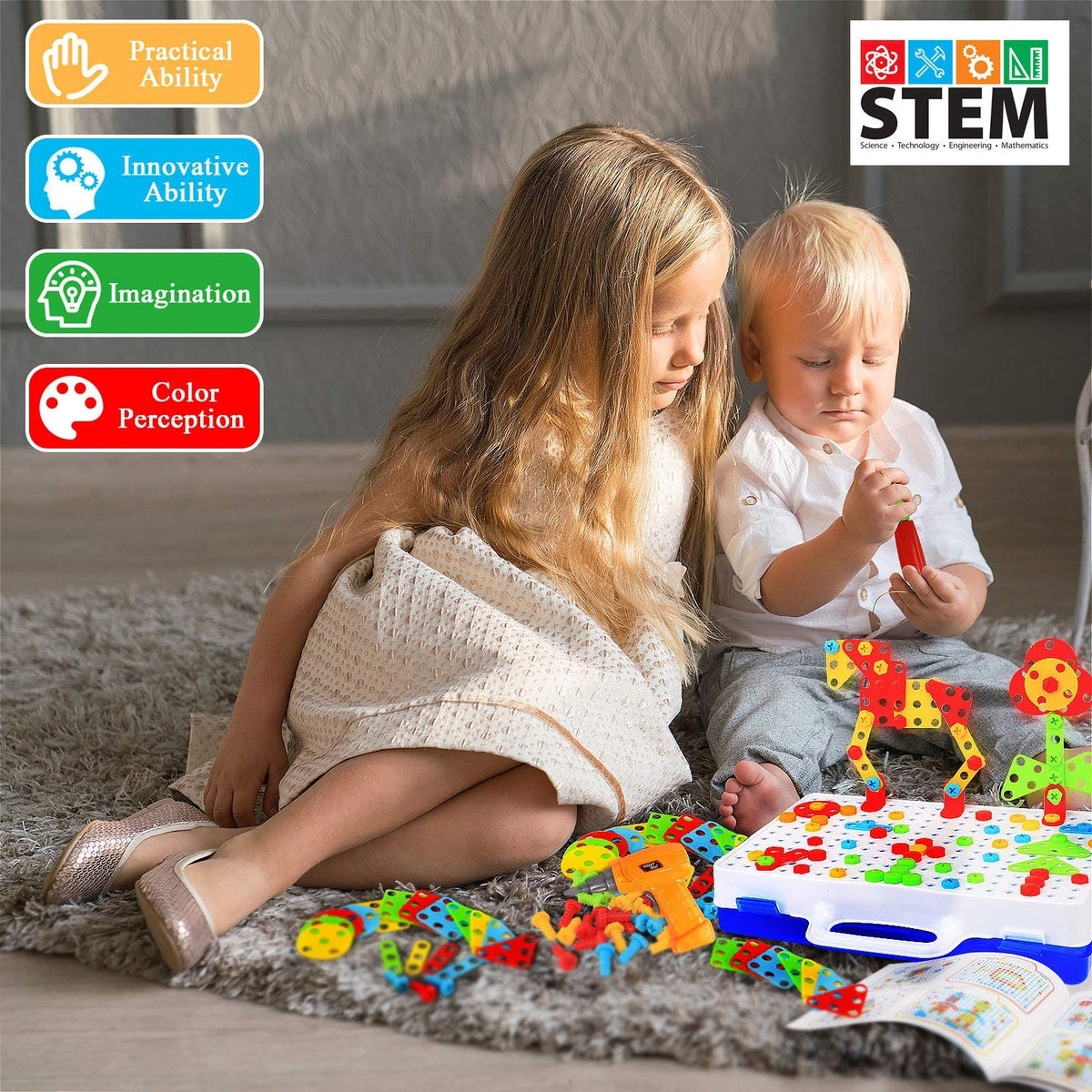 STEM Toys for 3 4 5 6 year old,Design and Drill Toy for Kid,Construction Games with Toy Drill,Creative Engineering Building Kits,Kid Tool Set for Toddler Preschool,Educational Toys for Boy and Girl