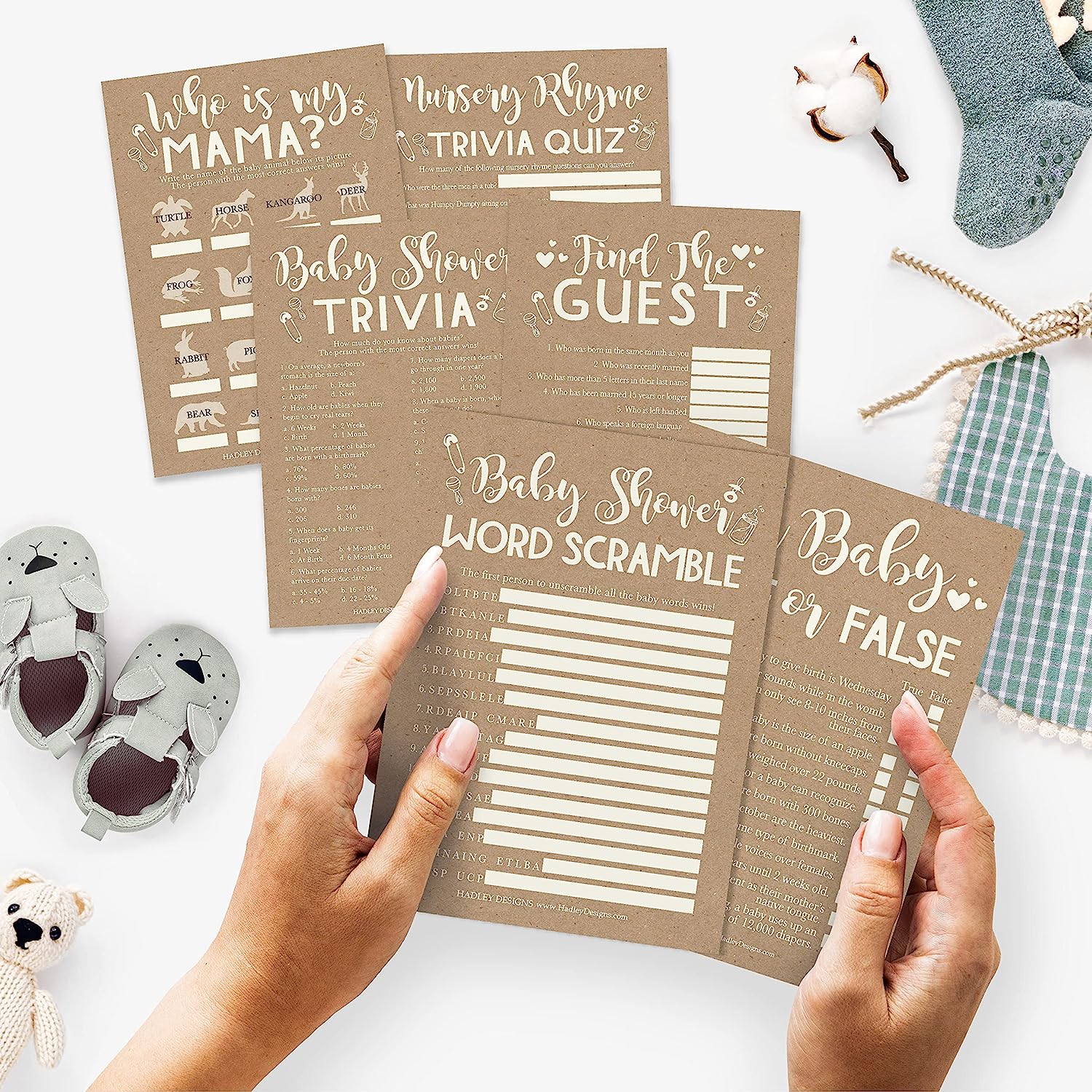 25 Rustic Word Scramble For Baby Shower, 25 True Or False Game, 25 Trivia Game, 25 Find The Guest, 25 Baby Animal Matching, 25 Nursery Rhyme Game - 6 Double Sided Cards Baby Shower Ideas