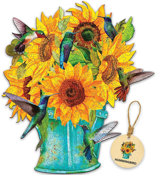 Wooden Puzzles for Adults Sunflower Hummingbird Wooden Jigsaw Puzzles Unique Shape Wooden Animal Puzzle Creative Challenge for Adults, Family, Friend|174 Pcs– 11.5x10.2 in| Medium