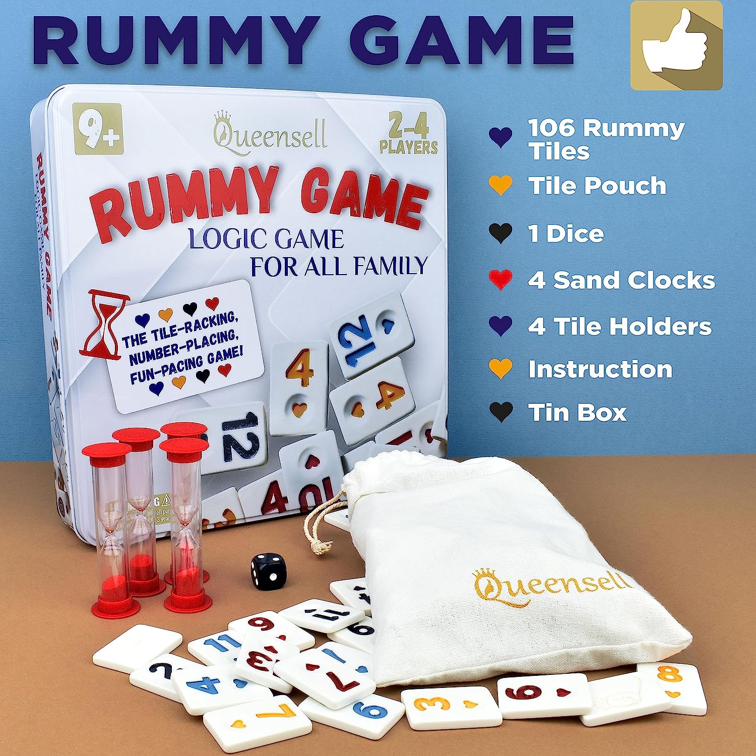 Rummy Cube Game with Case, Classic Rummy Cube Board Game – Rumi Cubes Game with 106 Tiles and 4 Durable Trays - Rumicube Board Game for Travel and Family
