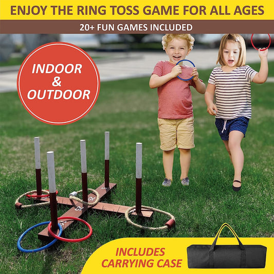 Rustic Ring Toss Game, 20+ Games Included, Upgraded Vintage Wooden Ring Toss Games Outdoor Games with 16 Rings & Carrying Case for Backyard Games for Kids and Adults, Yard Games Lawn Games for Party