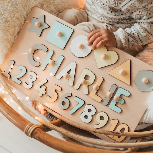 Wooden Name Puzzle with Numbers and Shapes by BusyPuzzle Personalized Baby Puzzle Math Name Puzzle Toy Educational Stem Toys Unique Baby Gift 1st Birthday Present Chris as Easter Gift