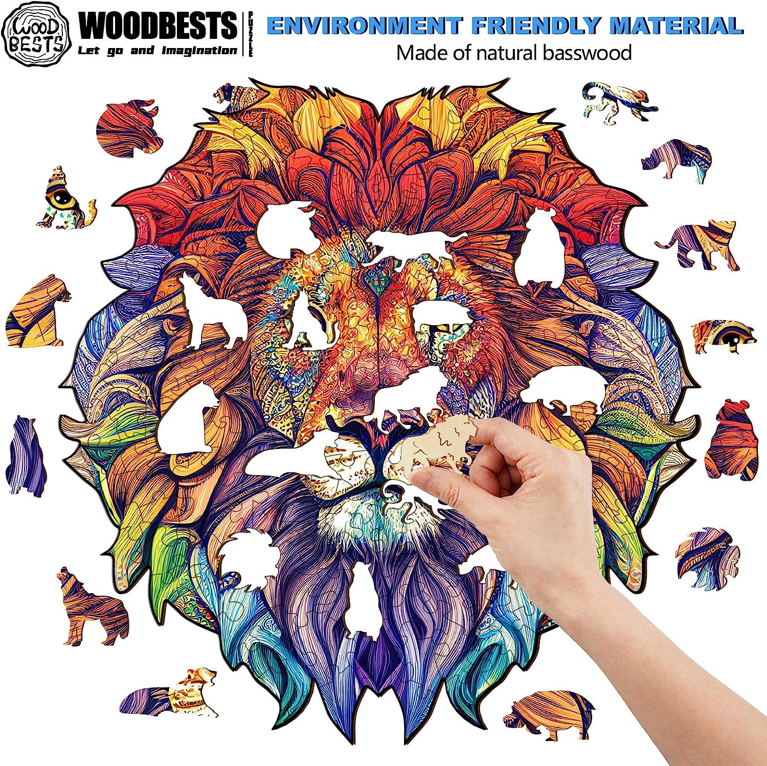 Wooden Puzzle for Adults, Lion Puzzle (L, 14.9"x15.5") Beautiful Wooden Box, Wooden Jigsaw Puzzles Unique Shape, Birthday Gifts for Adults and Kids Family Game