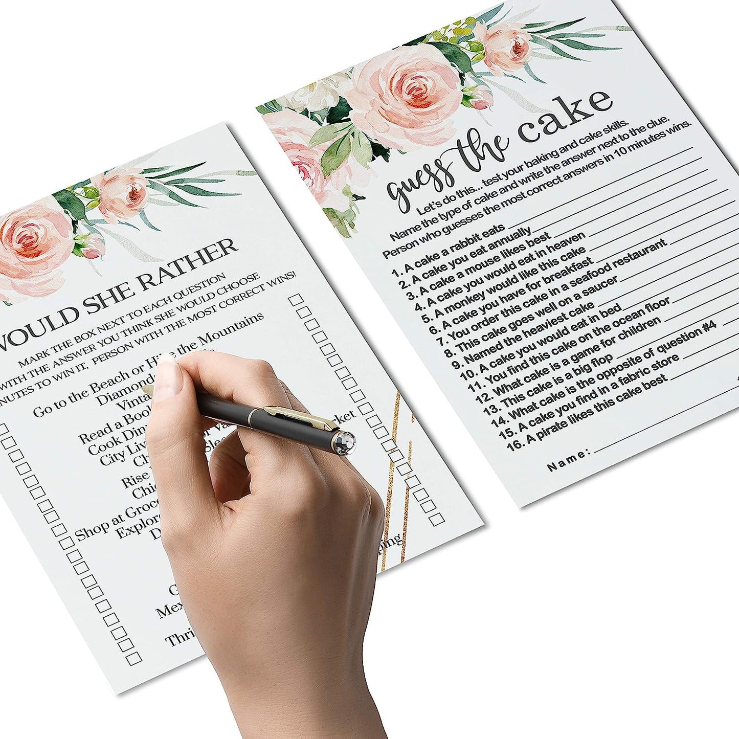 Graceful Floral Bridal Shower Games 4-in-1 Bundle (25 Guests) Wedding Word Scramble Guess the Cake Would She Rather Bride Famous Couples Movie Trivia Cards Double-Sided Greenery Blush & Gold